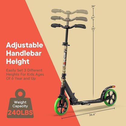 Campior Kick Scooter for Ages 6+, for Kids, Teens, and Adults, Max Load 240 LBS, Foldable, 8-inch Big Wheels for Kids and Adults, with Kickstand, 3 Adjustable Levels, Child Safety Approved, Graffiti