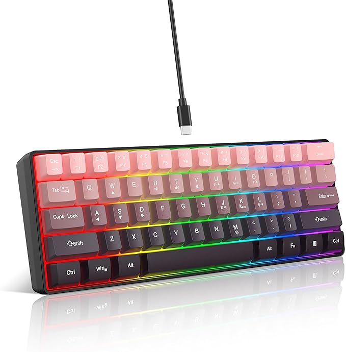 Snpurdiri 60% Wired Gaming Keyboard, Pink-Black | 61 Keys, RGB Backlit Ultra-Compact Small Gaming Keyboard for PC/Mac Gamer, Typist, Travel, Easy to Carry on Business Trip