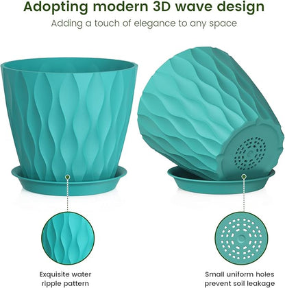 7 inch Plant Pots for Indoor Outdoor Plants, 5 Pack Thick Flower Pots with Drainage Holes and Saucers, 3D Modern Wave Texture Plastic Planter Pots for Nursery and House Plants, Blue Green