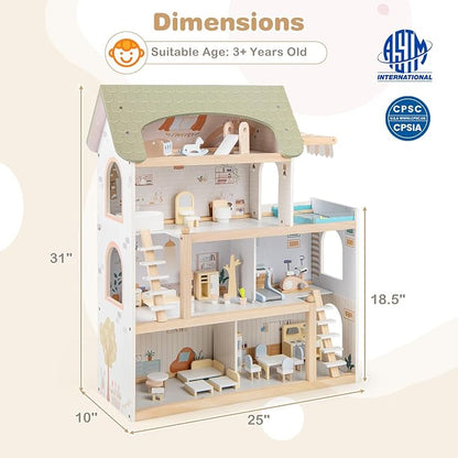 HONEY JOY Doll House, 4-Story Wooden Dollhouse Playset w/ 6 Rooms, 33 Accessories & Miniature Furniture, Pretend Play Toys Kit, 2.56 Feet Toddler Big Doll House, Gift for Kids Aged 3+