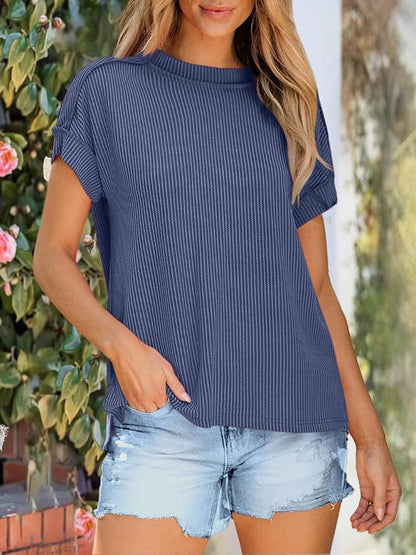ANRABESS Womens Short Sleeve Crewneck Shirts Ribbed Knit High Low Hem T Shirt 2026 Summer Spring Casual Tops Trendy Clothes