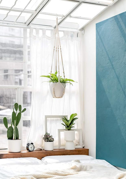 Mkono 43 Inch Macrame Plant Hanger Large for up to 12 Inch Pot Extra Long Hanging Plant Holder No Tassels Hanging Planter Basket with Wood Beads for Indoor Outdoor Boho Home Decor, Ivory