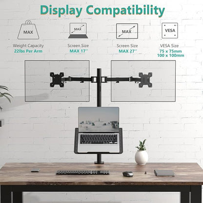 WALI Triple Arm Laptop and Dual Monitor Desk Mount for 17" Notebook and Up to 27" Screens, Extra Tall Adjustable Monitor Stand with Laptop Tray, VESA 75x75 100x100, Black (M002XLLP)