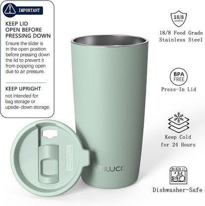 TILUCK 20 oz Insulated Coffee Tumbler with BPA-Free Lid | Travel Coffee Mug, Dishwasher Safe, Cup Holder Friendly, Double-Wall Vacuum Insulation for Hot & Cold Drinks,Matte MintGreen