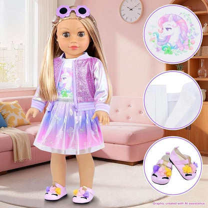 American 18 Inch Doll Clothes & Makeup Accessories Gift Set Includes Dress, Makeup Brush, Shoes, Bag, Haircomb, Eyeshadow, Lipstick, Wig, Hairpin, Sunglasses (Doll Not Included)