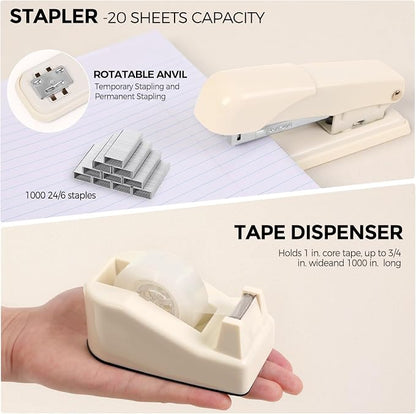 SKYDUE Desk Organizer Set with 360° Rotating Pen Holder | Includes Stapler, Scissors, Tape Dispenser, Clips, Pins & Accessories, For Home Office, School, Teacher