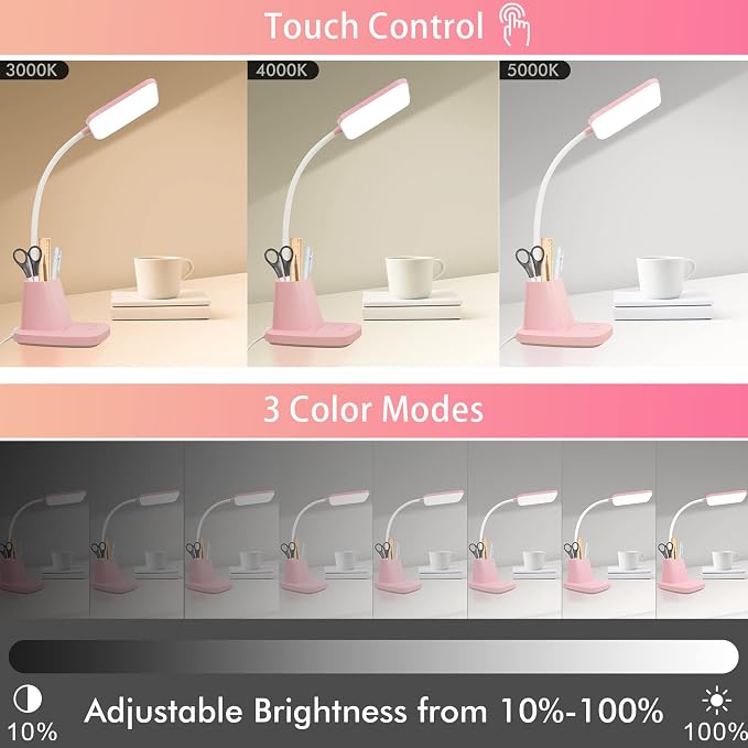 LED Desk Lamp with 10W Wireless Charging & Pen Holder, Pink | CRI 95, 800LM, Stepless Dimming, 3 Modes, 360°Flexible Arm, Touch, Study Table Lamp for Home Office, Dorm Room, with Adapter