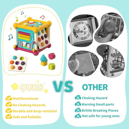 Baby Activity Cube, 12-in-1 Educational Early Development Toy with 4 Sensory Shape Blocks, Music Busy Board, Montessori Toys for 1 2 Year Old, Birthday Gift for 1 Year Old