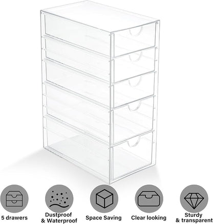 Prsildan Hair Accessories Organizer Acrylic Drawer with 5 Small Drawers | Clear, For Bathroom Vanity Office Desk, Jewelry Makeup Storage