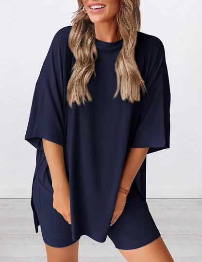 PRETTYGARDEN Women 2 Piece Lounge Set 2026 Summer Casual Oversized Shirts Biker Shorts Matching Airport Travel Outfit Clothes