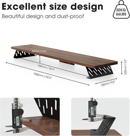 Fenge Dual Monitor Stand Riser, 42.5 Inch Desk Top Shelf for 2 Monitors, Computer Stands for Desk, Wood & Steel Desktop Riser for Laptop, PC, Printer