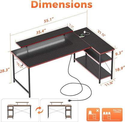 Mericonia 55 in L Shaped Gaming Desk, Large Corner Desk with Monitor Stand | Reversible Computer Desk with Power Outlets, LED Light & Storage Shelves, Office Table for Home Bedroom Study Work Writing