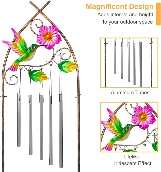 Garden Trellis with Plant Stands, 48” Metal Detachable Hummingbird Plant Pot Trellis with Wind Chimes for Climbing Plants Outdoor Lawn Patio Porches Decor