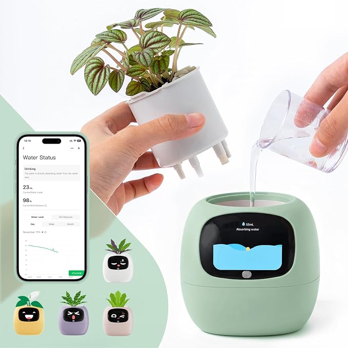 Upgraded AI Smart Flower Pot Multi-Emotion Interactive Digital Display Self Watering Planter, Monitor Soil Moisture/Water Level/Light/Battery, Supports 50+ Plants Decor for Desk Home Pet Office(Green)