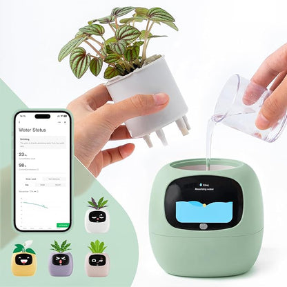 Upgraded AI Smart Flower Pot Multi-Emotion Interactive Digital Display Self Watering Planter, Monitor Soil Moisture/Water Level/Light/Battery, Supports 50+ Plants Decor for Desk Home Pet Office(Green)