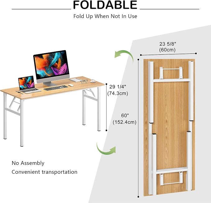 Need Office Computer Desk 60 Inch Sturdy Folding Laptop Table Teak | White Frame Writing Gaming Work Table/Foldable Home Office Desk/Sewing Table, No Assembly Required