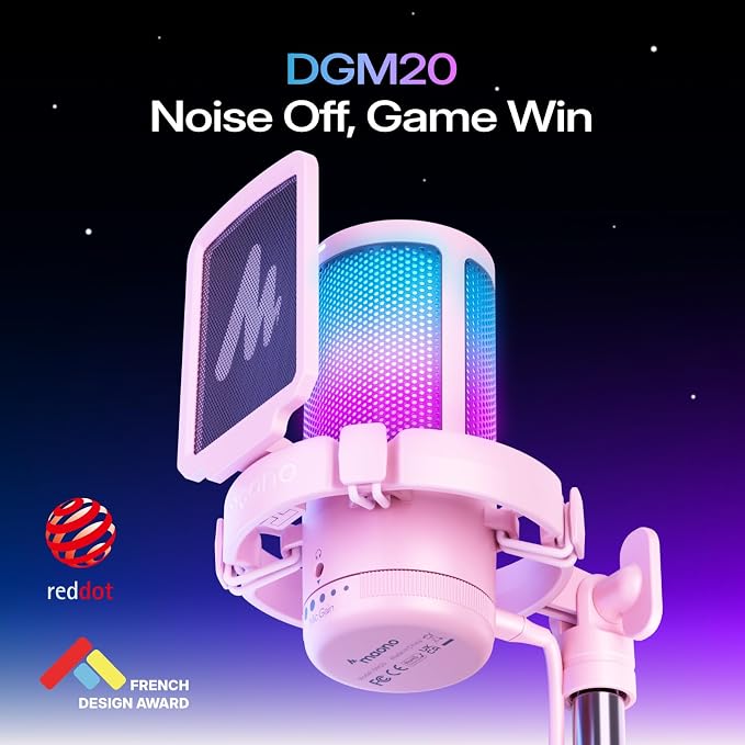 MAONO DGM20S USB Microphone for PC with Clear Voice & Noise Reduction | RGB Lighting, Tap-to-Mute, Gain Control, Monitoring and Boom Arm for Discord Gaming, Streaming, Content Creation.Pink