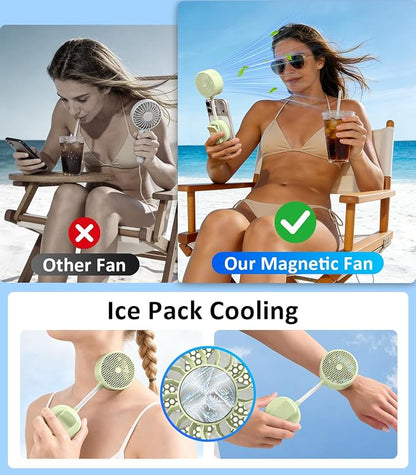 Magnetic Phone Fan with Ice Cooling, 3-in-1 Clip on Fan & Phone Stand, Rechargeable Mini Handheld Fan, 360° Flexible Gooseneck Portable Fan for Cruise Travel Desk Gym Makeup（Green）