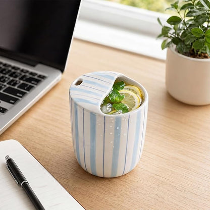Ceramic Mug with Sip Hole 10 oz Light Blue Striped Ceramic Coffee Mug Hand Painted Travel Mugs Heat Resistant Non Slip Built in One Lid Handcraft Mugs for Coffee Lovers Appreciation Gift