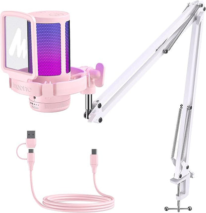 MAONO DGM20S USB Microphone for PC with Clear Voice & Noise Reduction | RGB Lighting, Tap-to-Mute, Gain Control, Monitoring and Boom Arm for Discord Gaming, Streaming, Content Creation.Pink