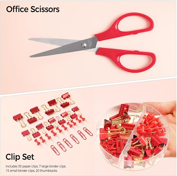 SKYDUE Red Office Supplies Set, Pencil Holder for Desk, Stapler, Tape Dispenser, Scissors,Clips and 1000pcs Staples, Office Decor for Women, Red Desk Accessories
