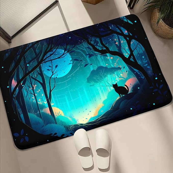Cat Rug - Magic Black Cat Rug for Home Decor Moon Black Cat Rug for Boys Room Cat Door Mats Outdoor Entrance Forestscape Cat Rug, 2x3 Feet