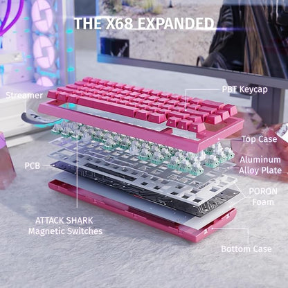 ATTACK SHARK X68HE RT Mechanical Gaming Keyboard 60% Wired TKL-Rose Contour | Adjustable Actuation,Hall Effect Magnetic Switch,8KHz Polling Rate,RGB Backlit,Top Mount,Side Printed Keycap for PC Mac Gamer