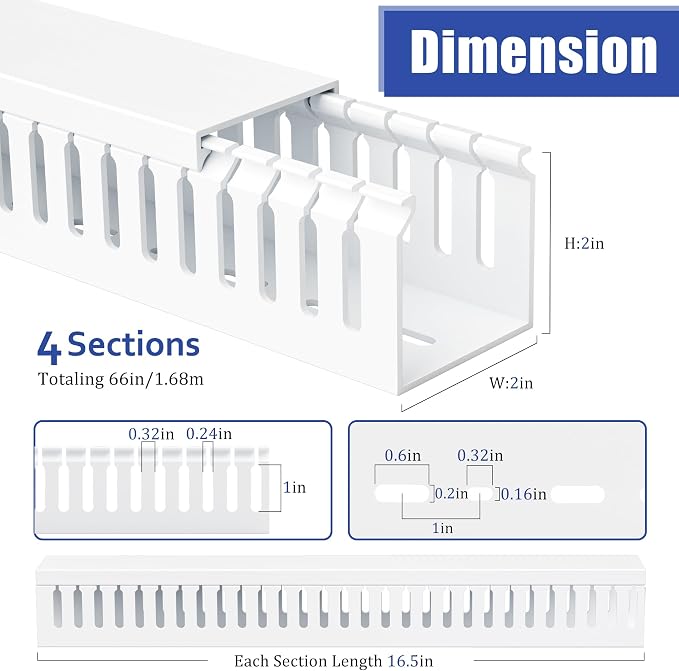 ZhiYo 66in(4X L16.5in) Professional Server Rack Cable Management Raceway, H2in x W2in Cable Raceway Kit, Electrically Safe PVC Open Slot Wire Raceway for Under Desk/Computer/Network Cords, White