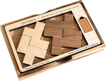 Creative Crafthouse Outback Puzzle, Stewart Coffin Wood Brain Teaser, Hard | A packing design numbered 222. Five cherry and maple pieces have just one known solution, a tough desk challenge, made in USA