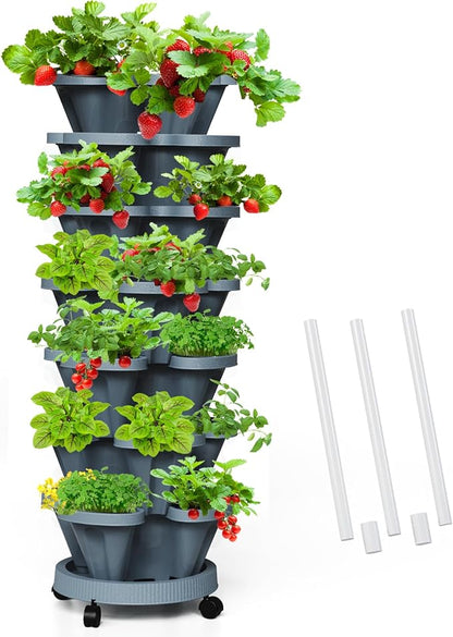 Strawberry Vertical Planters Tower Garden, 7 Tiered Stacking Herb Vegetable Planter with Support Pole Indoor and Outdoor - Dark Grey