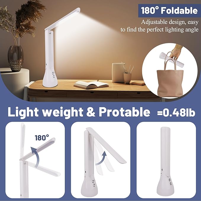 2-in-1 LED Desk Lamp Base with Flashlight for Home Office, Rechargeable, 3 Lighting Modes, Foldable & Portable Light, Cordless Table Bedside lamps, White