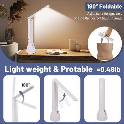2-in-1 LED Desk Lamp Base with Flashlight for Home Office, Rechargeable, 3 Lighting Modes, Foldable & Portable Light, Cordless Table Bedside lamps, White