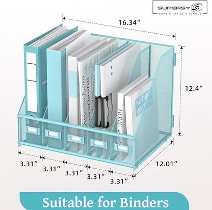 SUPEASY Desk Organizers Metal Desk Magazine File Holder with 5 Vertical Compartments Rack File Organizer for Office Desktop, Classroom, Home Workspace, Blue Plus