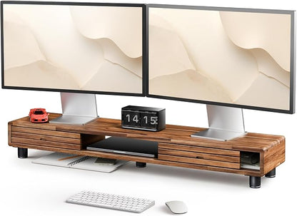 Tinamo 42.5" Dual Monitor Stand Riser with Sliding Doors – Solid Acacia Wood Desk Shelf for 2 Monitors, Desktop Organizer with Storage, Ergonomic 5" Height for Computer, Laptop, Printer, TV