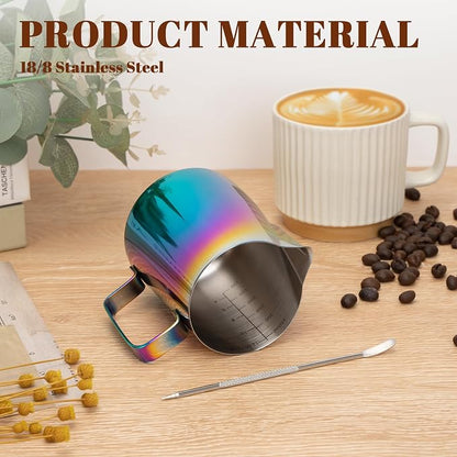 Amrules Milk Frothing Pitcher, 12 oz Milk Frother Cup with Clear Scale, 304 Stainless Steel Cappuccino Espresso Machine Accessories for Barista Coffee Bar with Latte Art Pen, Multicolor