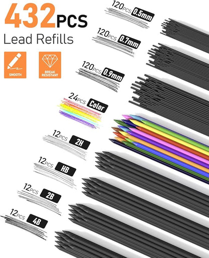 Four Candies 25PCS Mechanical Pencil Set with Case, Art Supplies with Metal Pencil 0.5, 0.7, 0.9 mm & 3PCS 2mm (HB 2H 2B 4B Color) & 432 Graphite Lead Refills, Technical Drawing Kit for Teen & Adults