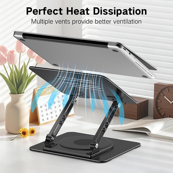 Adjustable Laptop Stand for Desk with 360 Rotating Base | Metal Foldable Laptop Riser Holder, Portable Desktop Book Stands, Ventilated Cooling Notebook Stand for 10-15.6” Laptops