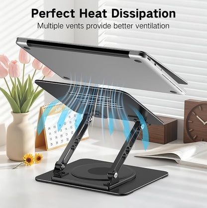 Adjustable Laptop Stand for Desk with 360 Rotating Base | Metal Foldable Laptop Riser Holder, Portable Desktop Book Stands, Ventilated Cooling Notebook Stand for 10-15.6” Laptops