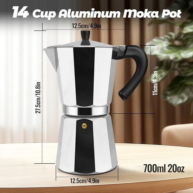 14 Cup Aluminum Moka Pot Classic Stovetop Espresso Coffee Maker 700ml 23oz Coffeemaker Percolator Mocha Pot Greca Coffee Maker Cafe Makers for Italian and Cuban Café Brewing Silver