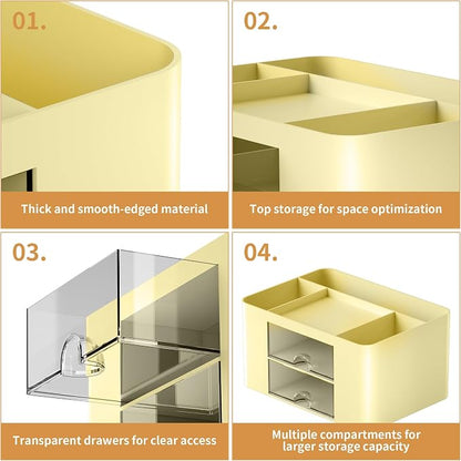 Marbrasse Pen Organizer with 2 Drawer, Multi-Functional Pencil Holder for Desk, Desk Organizers and Accessories with 5 Compartments + Drawer for Office Art Supplies (Yellow)