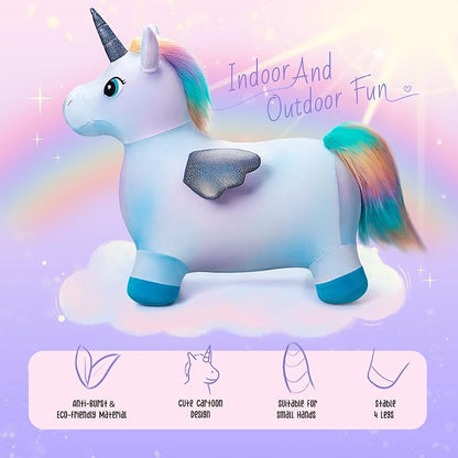 Unicorn Horse Hopper, Inflatable Plush Animal Hopping Toy, Bouncing Riding Hopper for Toddlers, Outdoor Indoor Jumping Toys for Boys Girls, Birthday Gifts for 18 Month 2 3 4 5 W/Free Pump