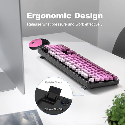 MOFII Wireless Keyboard and Mouse Combo, Full Size 2.4G Plug and Play Typewriter Retro Round Computer Keyboard and Mouse Set for Windows, Computer, Desktop, PC, Notebook - (Black Pink Gradient)