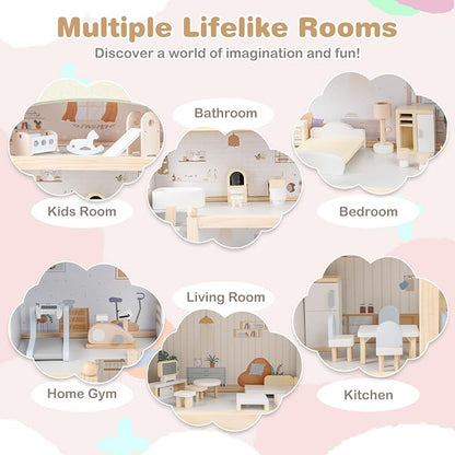 HONEY JOY Doll House, 4-Story Wooden Dollhouse Playset w/ 6 Rooms, 33 Accessories & Miniature Furniture, Pretend Play Toys Kit, 2.56 Feet Toddler Big Doll House, Gift for Kids Aged 3+