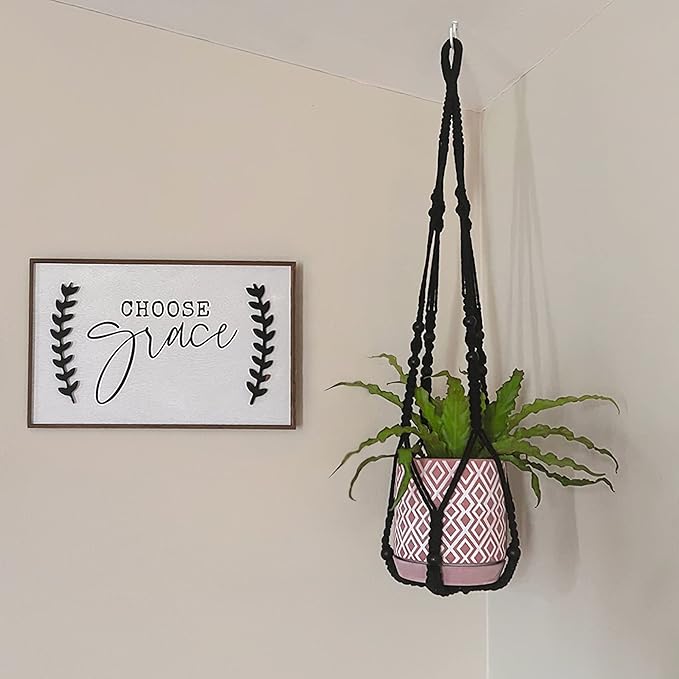 Mkono Macrame Plant Hanger Indoor Hanging Planter Basket with Wood Beads Decorative Flower Pot Holder No Tassels for Indoor Outdoor Boho Home Decor 35 Inch, Black, Set of 2 (POTS NOT Included)
