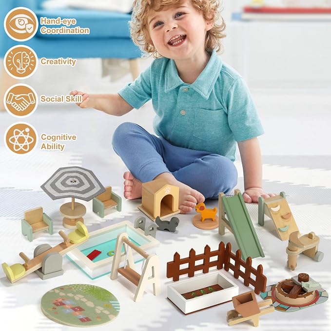26PCS Wooden Dollhouse Furniture Set, Outdoor Miniature Doll House Accessories Playset for Toddlers, Outdoor Scenes Poolside Playground Pretend Play Toy for Kids 3+