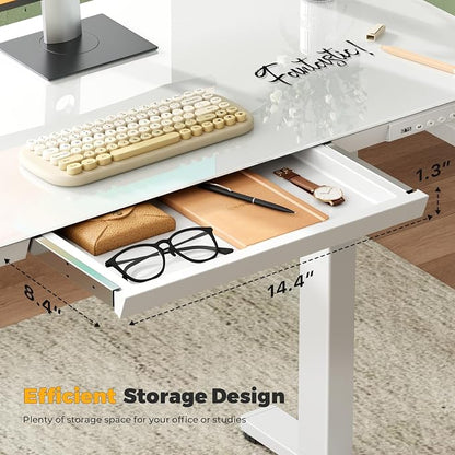 35" Electric Standing Desk with Drawer, One-Piece Glass Top | Quick Install One-Piece Tabletop with USB Charging Ports, Sit Stand Computer Desk with Wheels for Small Space, White