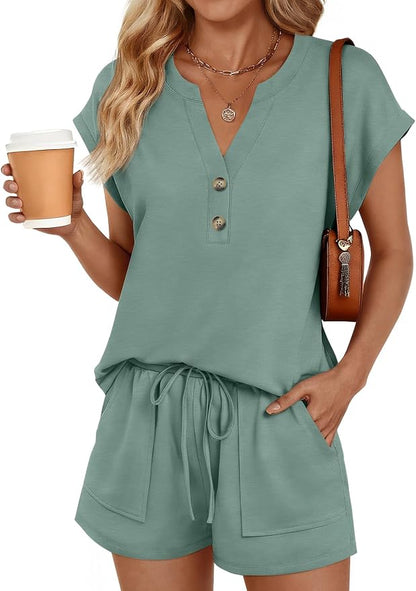 LILLUSORY 2 Piece Summer Set 2026 Henley Top & Drawstring Shorts with Pockets