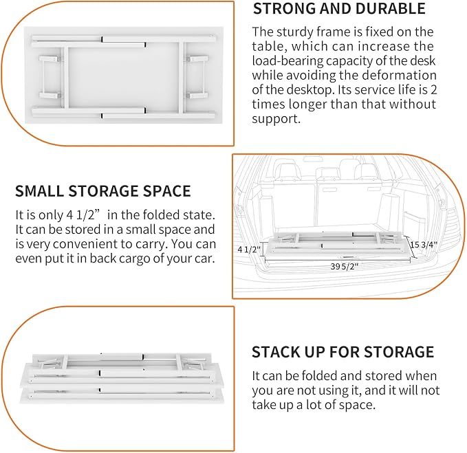 Need Office Computer Desk 39.3 Inch Sturdy Folding Laptop Table White | White Frame Writing Gaming Work Table/Foldable Home Office Desk/Sewing Table, No Assembly Required