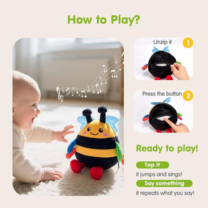 hahaland Tummy Time Bouncing Bee Toy for 6-12 Month, Musical Dancing Plush Bee Baby Toys 9 Month Old, Vibrating & Buzzing Bee Toy Gifts for 1 Year Old Boy & Girl