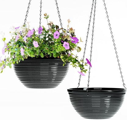 2 Pack Hanging Planters for Indoor Outdoor Plants, 10 Inch Hanging Planter with Drainage Hole & Plug Glazed Hanging Baskets Flower Pots for Garden Home (Black)